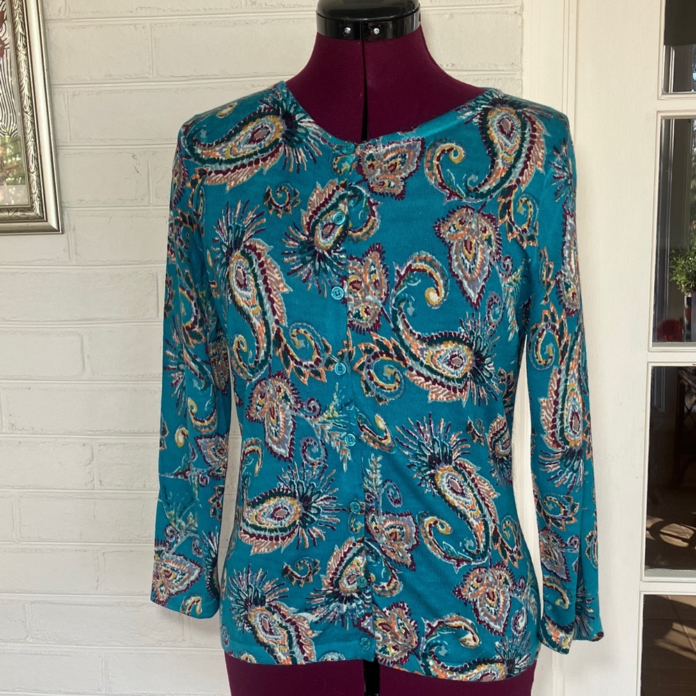 Garnet Hill Merino Wool Teal Paisley Women's Cardigan Small